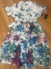 Tahari ASL Floral Shirt Dress 14W Plus NWT Belted Button Front Cream Multi