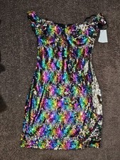 GUESS Los Angeles Multicolor Sequin Mini Dress Square Neck Zip, Women's 1
