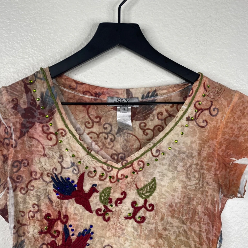 Spy Zone Exchange 女式 Y2K Fairy Boho 刺绣鸟上衣多色 M 码 — 第 3/4 张图片