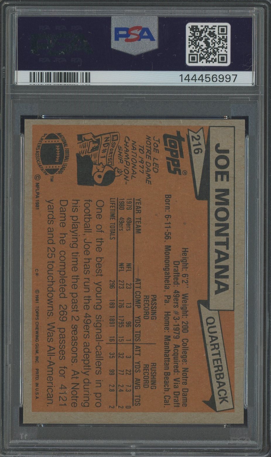 1981 Topps #216 Joe Montana PSA 9 MINT 49ers ROOKIE HIGHEND Beauty! view 2