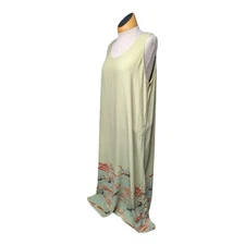 Citron Santa Monica Pale Green Japanese Crane 100% Silk Maxi Shift Dress XL