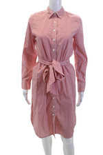 J Crew Womens Cotton Stripped Long Sleeve Button Tie Front Dress Red Size 0