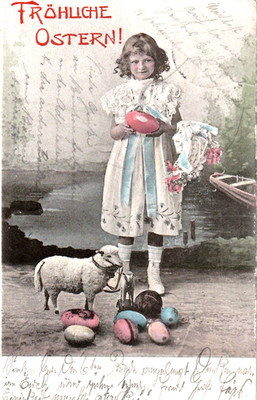 AK   Ostern - 1908 - Mädchen m. Eiern, Ball + Spielzeug-Schaf - EAS Serie 745  1