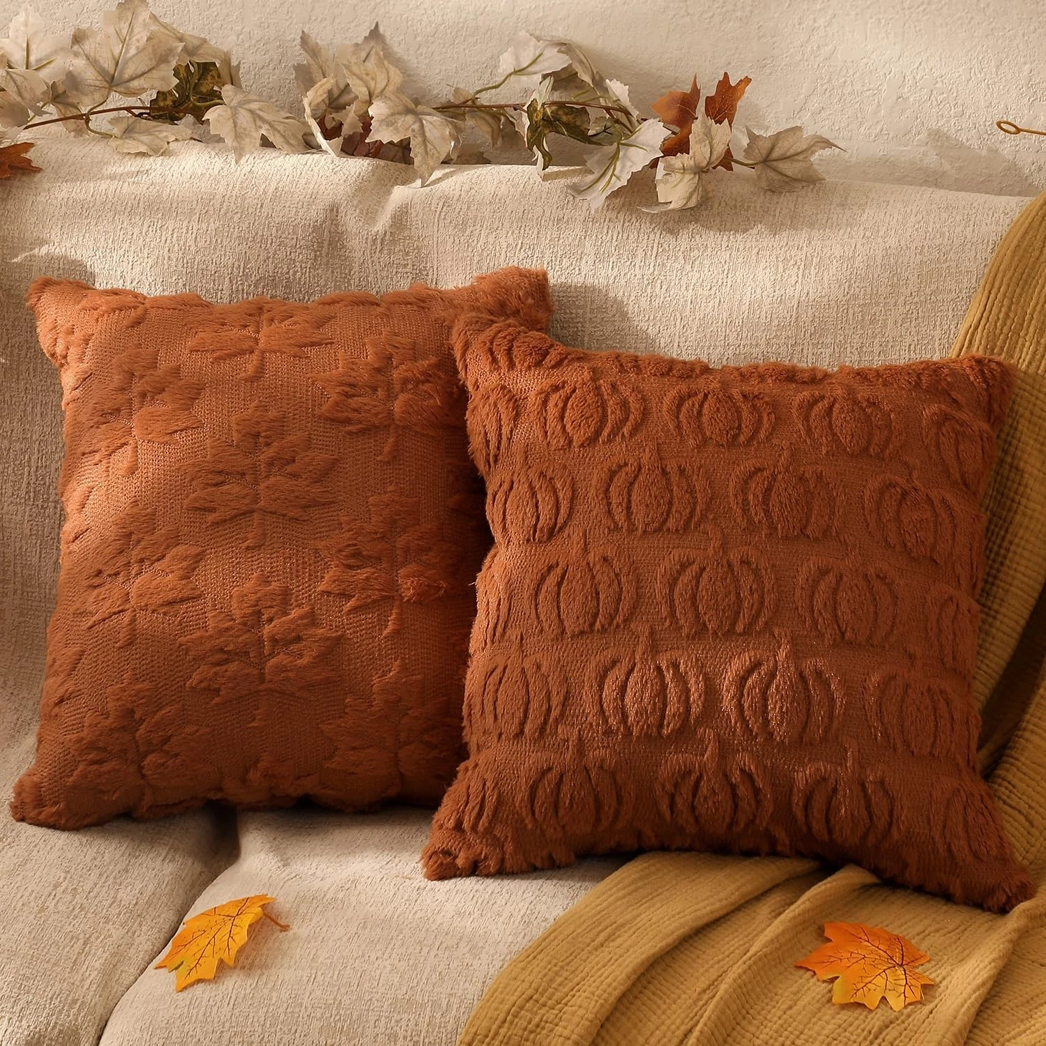 Fall Decorations Set of 2 Double-Sided Fall Pillow Covers 18" x 18", with 2 D...