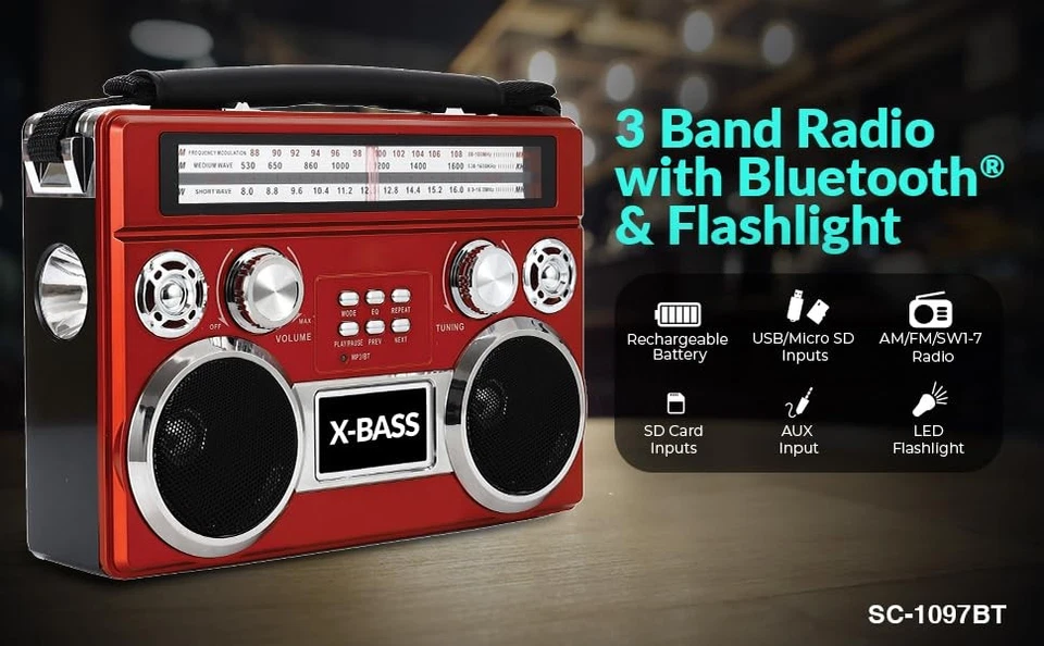 Supersonic SC-1097BT Portable 3 Band Radio with Bluetooth and Flashlight M/FM... - Image 2 of 4