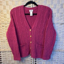 LL Bean Cable Knit Cardigan Sweater M-Reg Pink Cotton