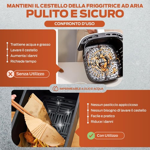 Confezione da 100 pezzi] Carta per friggitrice ad aria, carta forno friggitrice ad aria quadrata, carta pergamena antiaderente usa e getta non perforata per friggitrice cottura (20 cm