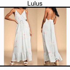 Lulus Endless Vacay Sage Blue Floral Print Surplice Maxi Dress XS