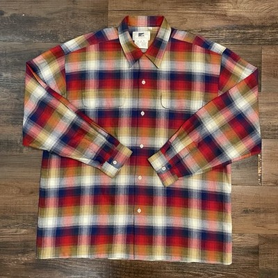Studio Tokyo Vintage Mens L Plaid Flannel Shirt Loop Collar Japanese Design Red 