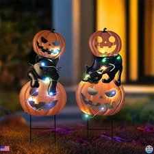 HONGLAND Halloween Outdoor Decor - 2 Pack Solar 26" Metal Pumpkin Lights & Cat