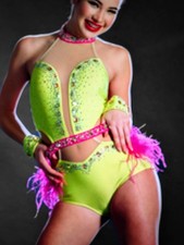 NEW XSA Lime  Pink Glamour Elite Dance Costume Rhinestones Feathers Baton Skate