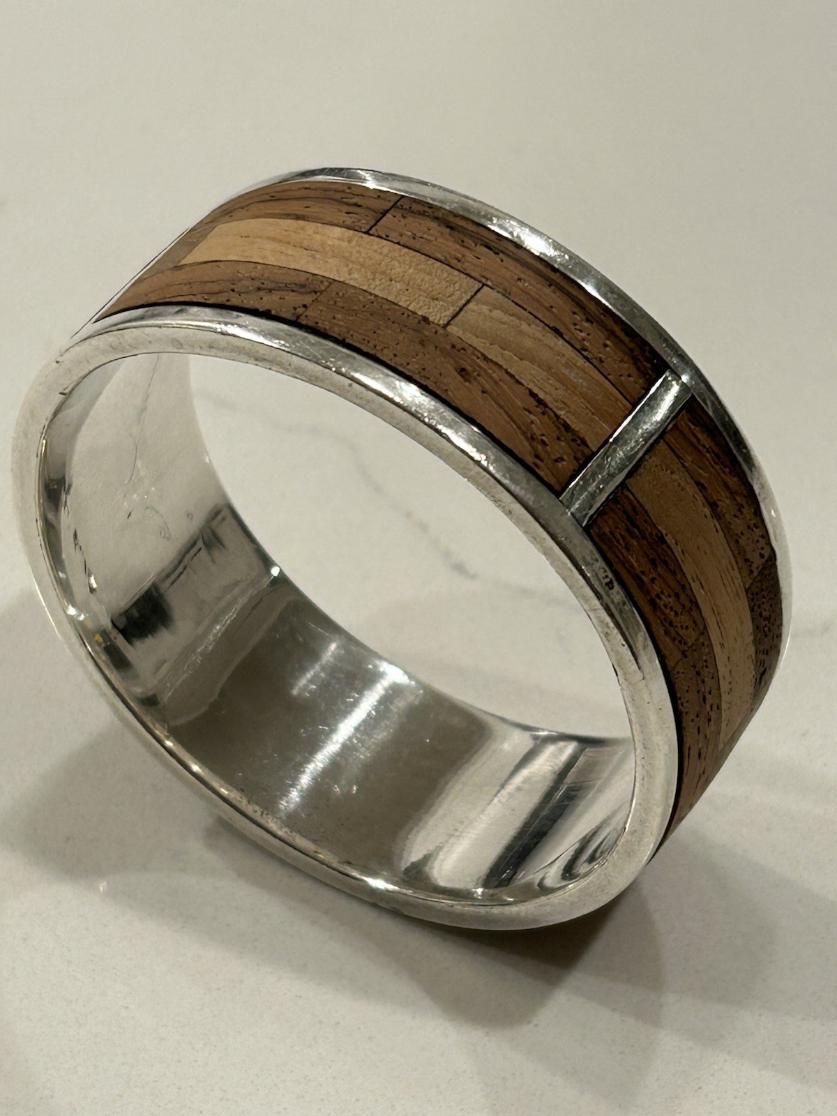 Sterling Silver Unique Heavy Bangle Bracelet Wood… - image 2