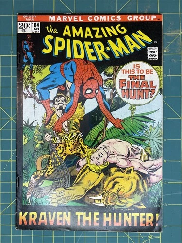 1972 AMAZING SPIDER-MAN COMIC BOOK VOL.1 NO.104 MARVEL..KA-ZAR..ZABU..KRAVEN! F-