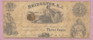 Obsolete, Bridgeton NJ, New Jersey, 1858 Three Cents, 3c, Glass