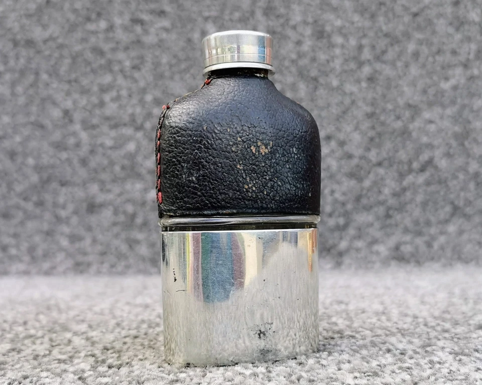 Antique Miniature Hip Flask 50ml Blown Glass Leather Screw Cap Removable Cup - Image 2 of 4
