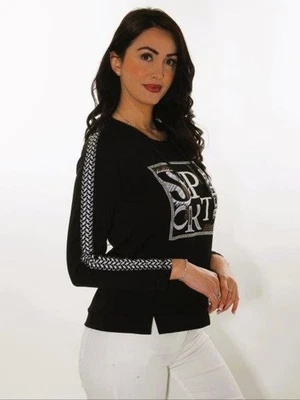-50% Sweat Shirt Pulli Dolcezza S = 38 schwarz weiß Steine Glitzer Kragen Jersey - Bild 1 von 3