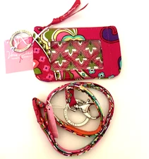 VERA BRADLEY Zip ID Case & Breakaway Lanyard PINK SWIRLS coin Key Ring RARE NEW