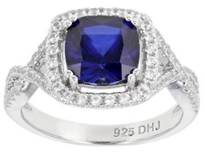 Blue Sapphire Halo Ring w/ Rhodium Over 925 Sterling Silver LAB-Created Sz 8 NEW