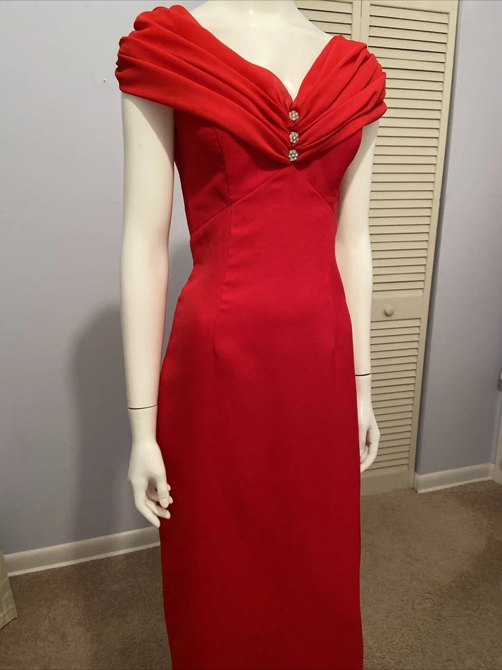 Vestido largo rojo de fiesta de noche vintage Alyce Designs botones de estrás talla S Foto 3 de 4