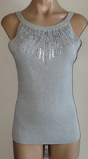 Cache Y2K NWT Large Silver Metallic Ribbed Sequin Scoop Neck Sleeveless Blouse