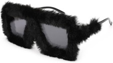 Faux Fur Square Fashion Glasses BLACK Rave Festival Party Furry Fuzzy Shades