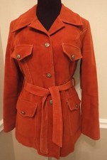 70s Vtg Macintosh Rust Moleskin Tie Waist Coat Faux Fur Lining M Med