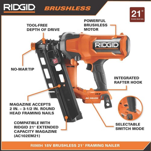 Ridgid 18V Brushless Cordless 21° 3-1/2 in. framing Nailer (Tool Only)