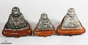 Antique Chinese Silver Buddhas on Wood Stands