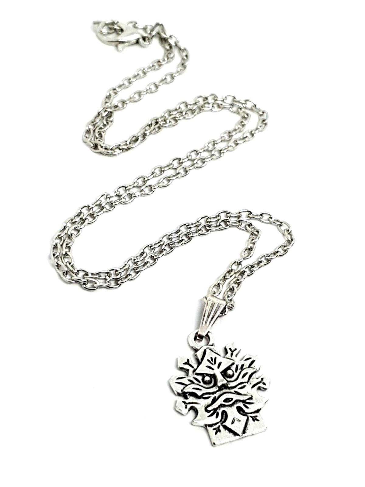 Green Man Necklace Herne Pendant 18"" Silver Tone Chain Pagan Wiccan Witchcraft