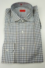 Isaia Napoli Denim Blue Brown White Plaid Long Sleeve Cotton Shirt 15.5/39 NEW