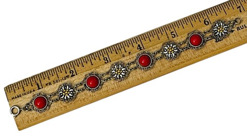 VINTAGE ROTE KORALLE ARMBAND FILIGRAN EMAILLE EDELWEISS BLUME 6,5" KLEIN ZART - Bild 4 von 8