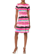 Tahari ASL Fit & Flare Dress Size 10 - Hot Pink Multicolor Stripes - Scuba Pleat