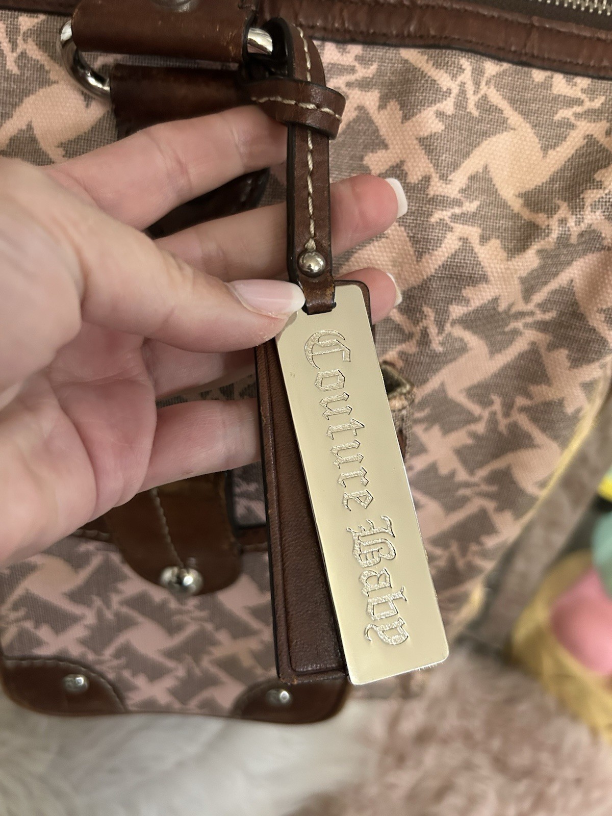 Vintage Juicy Couture Pink Scottie Dog Monogram Brown Leather Couture Baby Bag