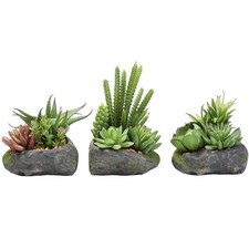 Pure Garden Artificial Succulent Plant Set 3 Piece Faux Stone Pots 50-LG1123