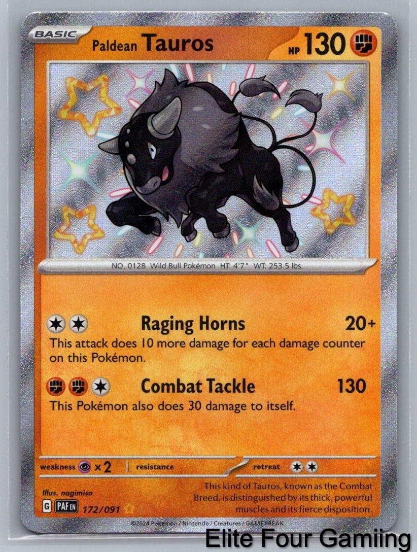 Paldean Tauros 172/091 Shiny Rare Paldean Fates Pokemon Holo Near Mint