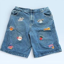 Y2K Hip Hop NBA Teams Denim Shorts Mens 42 Blue NBA Basketball BX Jeans Patches