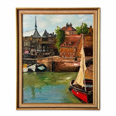 Französisches Honfleur Hafen Ölgemälde Vintage Küstenhafen Szene gerahmt