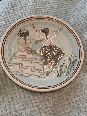 Handmade Studio Pottery Plate Abstract Figural Sisters Dancing Stoneware Decor
