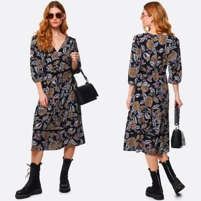 Ba&sh Vienne Midi Dress US 6 Black Floral Crepe V Neck Paris Boho Dress