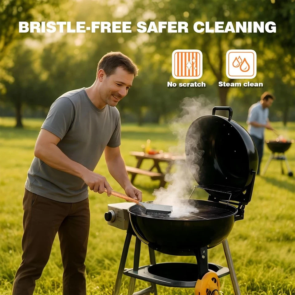 Cepillo para parrilla sin cerdas con cabezal de repuesto mango de madera limpiador de barbacoa Foto 3 de 4
