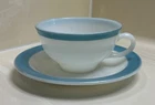 Vintage 1950's Pyrex White & Turquoise Band Set of Cup w/matching saucer plate