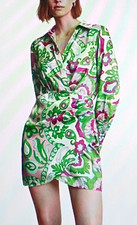NWT Mango MNG Wrap Satin Print Dress Purple Pink Green Italian Fabric Sz 4