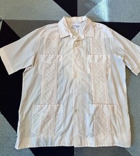 VTG Guayabera Resort Shirt Adult 44 / XL Ivory Pleated Front Pockets Aires Mayab