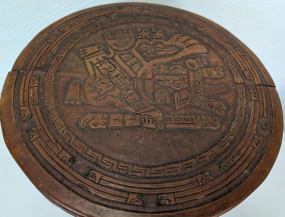 Vintage Peruvian Folding Stool Side Table Collapsible Embossed Leather And Wood - Image 4 of 4