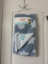 New Disney Baby Mickey Mouse Ears Stars Blue Gray Baby Blanket