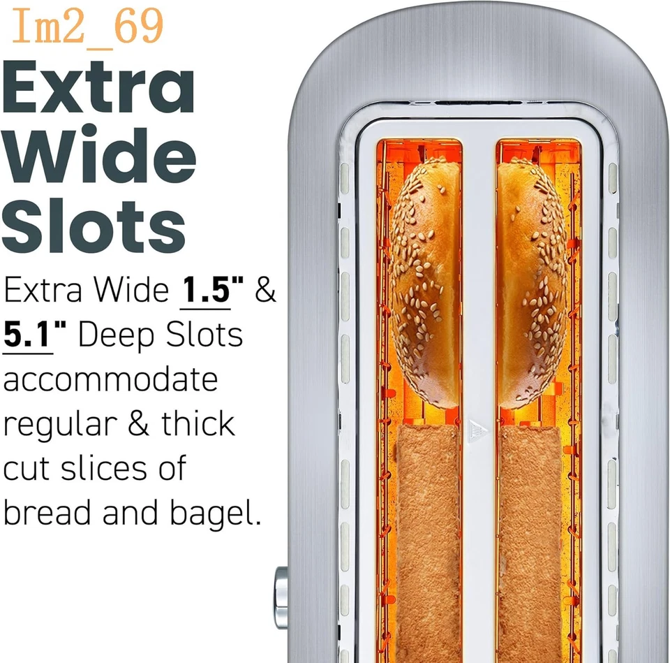 Тостер ECT4123X с длинным слотом на 4 ломтика, очень широкие 1,5 дюйма и 5,1 дюйма глубокие прорези, бублик, - Изображение 3 из 4