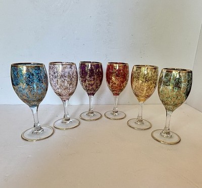 Vintage Bohemian Colored Cordial Liqueur Glasses 6 Gold Filigree Flowers 4.5 