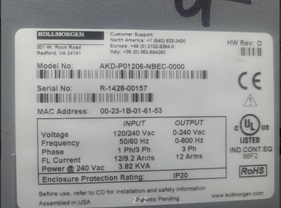 UESD 1pcs Kollmorgen AKD-P01206-NBEC-0000 Servo Drive FAST Shipping