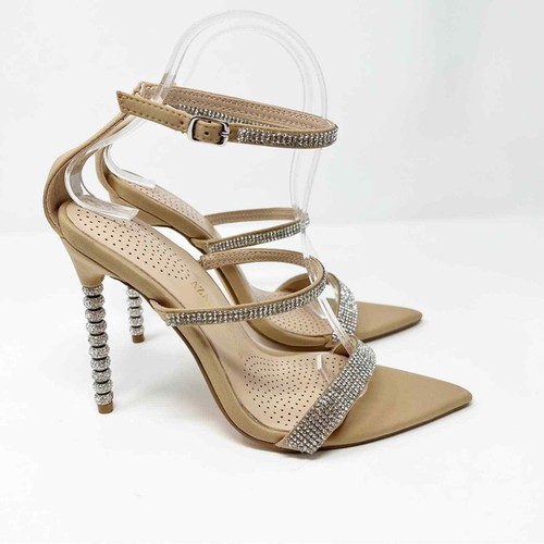 Azalea Wang Before Your Eyes Nude 7.5 Rhinestone Embellished Stiletto Sandals - Picture 2 of 11