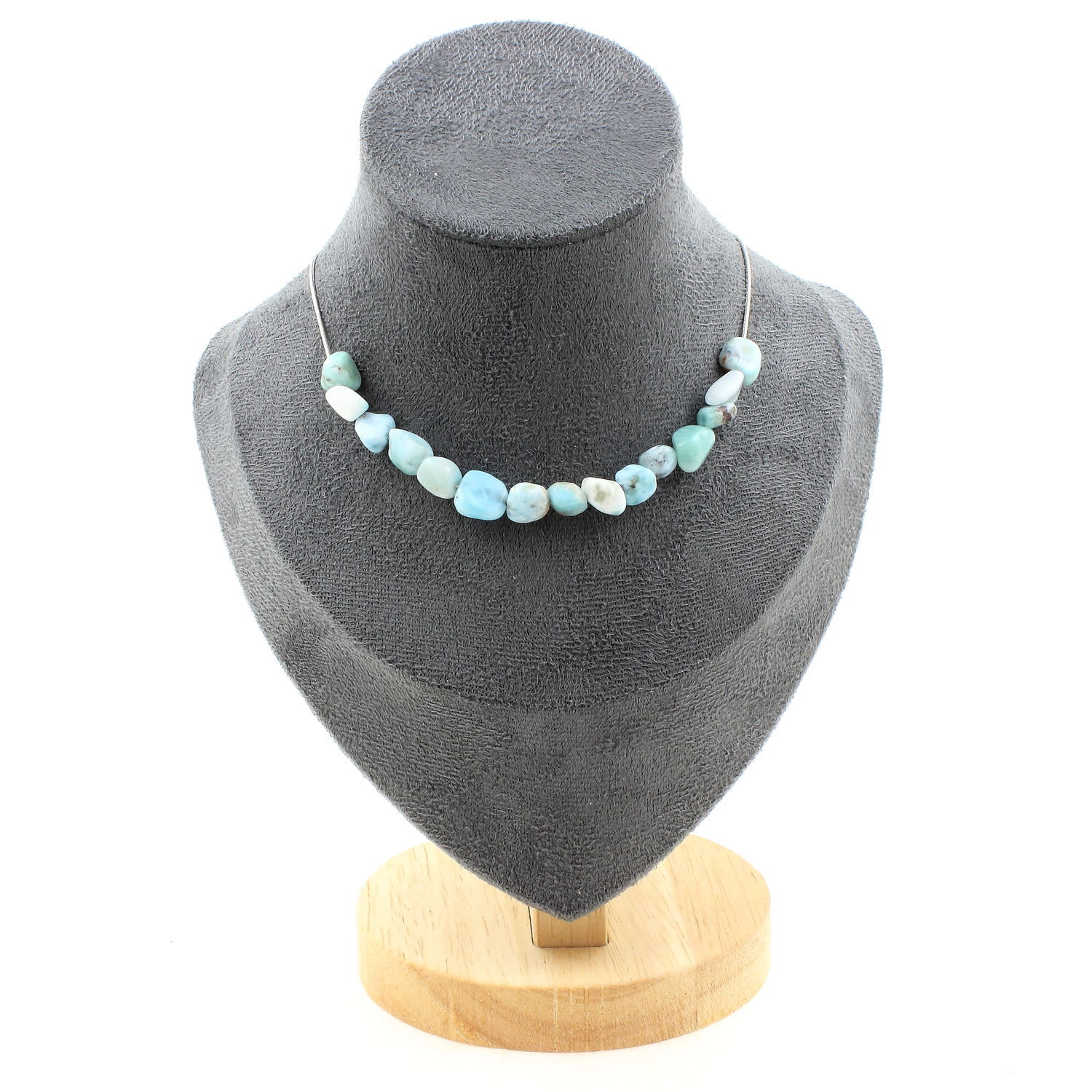 Collier Larimar véritable et chaine en acier, perles de prestige